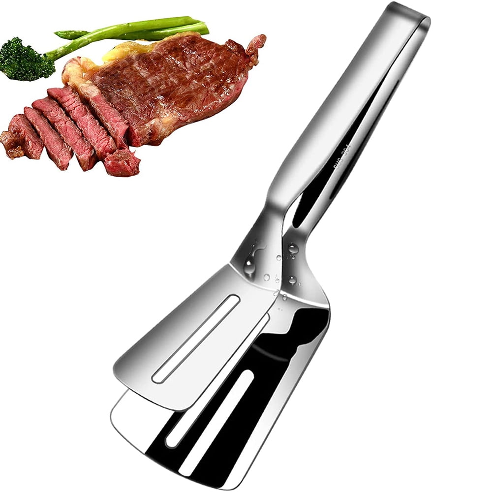 VIVEFOX Steak Clamps, 3-in-1 Cooking Tong, Double Sided Spatula, 10 inch Multifunctional Stainless Steel Food Flipping Spatula Tongs Clip