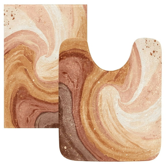 2 Piece Soft Bathroom Rug Set Brown and Peach Swirling Bath Mat and U-Shaped Toilet Contour Rug (16"x24" 20"x24")