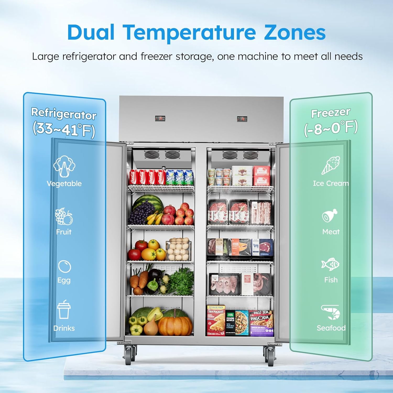 Ecojoy 48" W Commercial Refrigerator Freezer Combo,2 Temperature Zones 38 Cu.ft Industrial Fridge and Freezer Combo,All Stainless Steel Design
