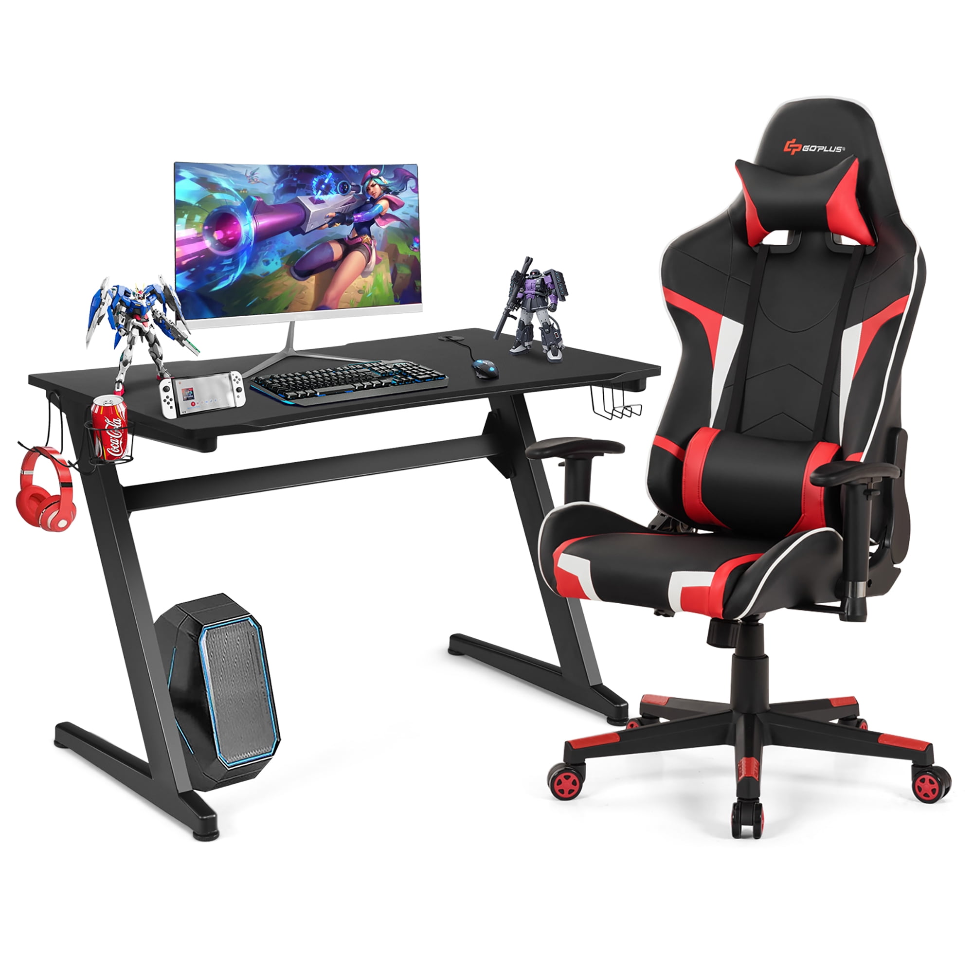 Goplus Z-Shaped Racing Style Desk & Massage Gaming Chair Set for Home Office Red