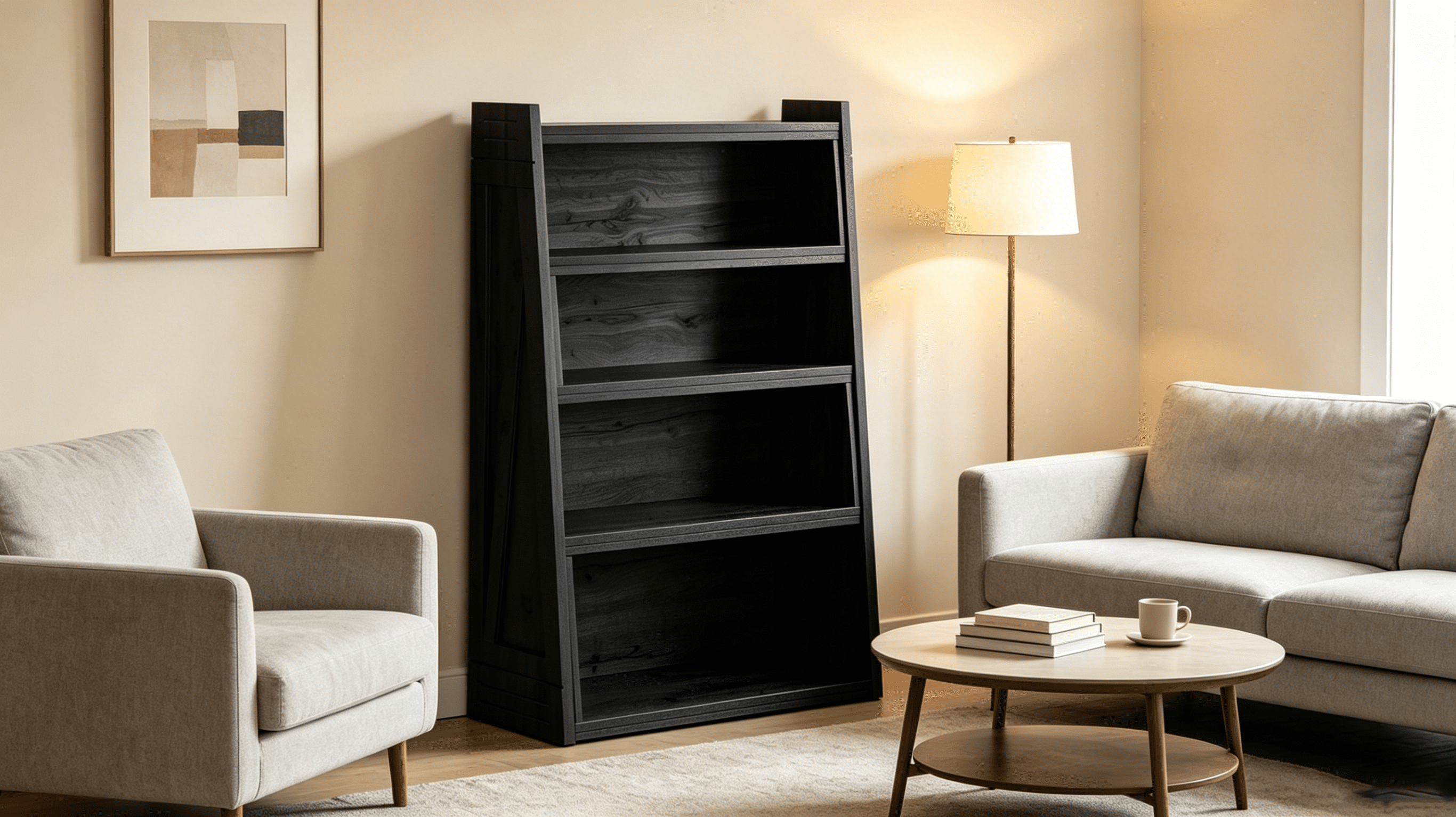 Modular Asymmetrical Bookshelf with 3 Configurable Layouts, Foldable Display Shelf and Staggered Storage Bookcase, Black Woodgrain