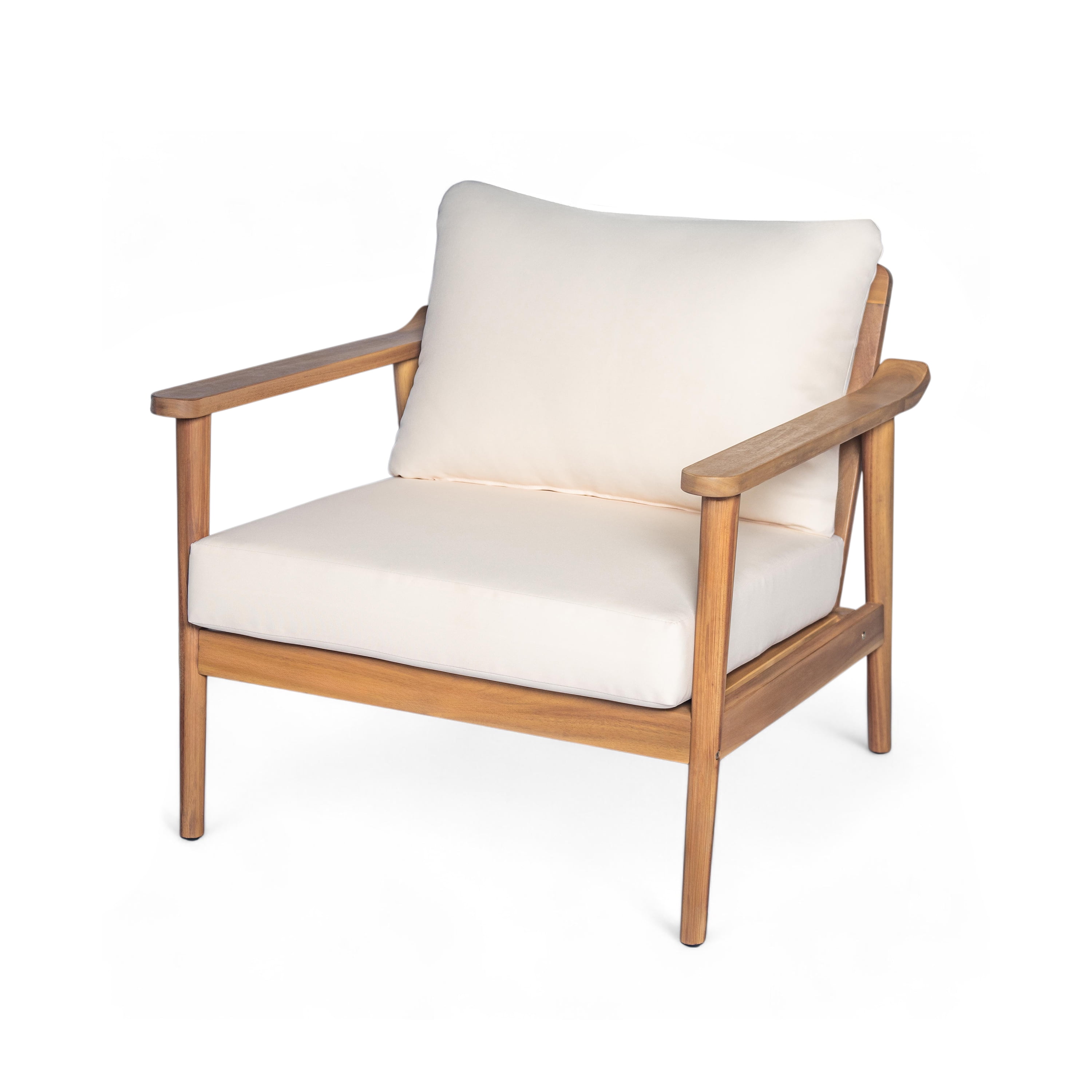 Mid-Century Lounge Chair, 30.5 Inch Outdoor Chair with Cushions for Patio Garden, Teak and Cream