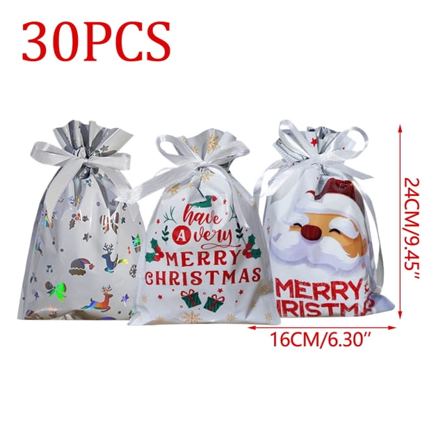 Christmas Drawstring Gift Bags Set - 30pcs Colorful Drawstring Foil Bags Featuring Festive Christmas Designs