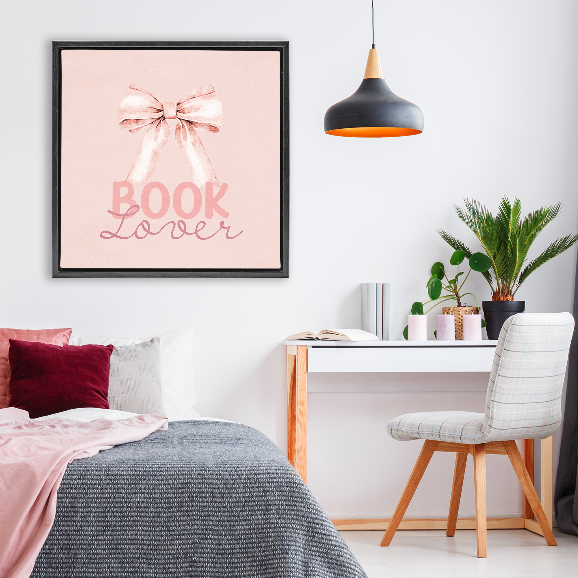 Blush Pink Book Lover Black Framed Floater Canvas Wall Art, design by Kim Allen