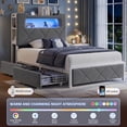 thumbnail image 3 of Hijob Twin Size Bed Frame for Boys/Kids with 2-Tier Storage Headboard, Velvet Upholstered Platform Bed with 2 Storage Drawers, Built in Charging Station & LED, Gray, 3 of 14