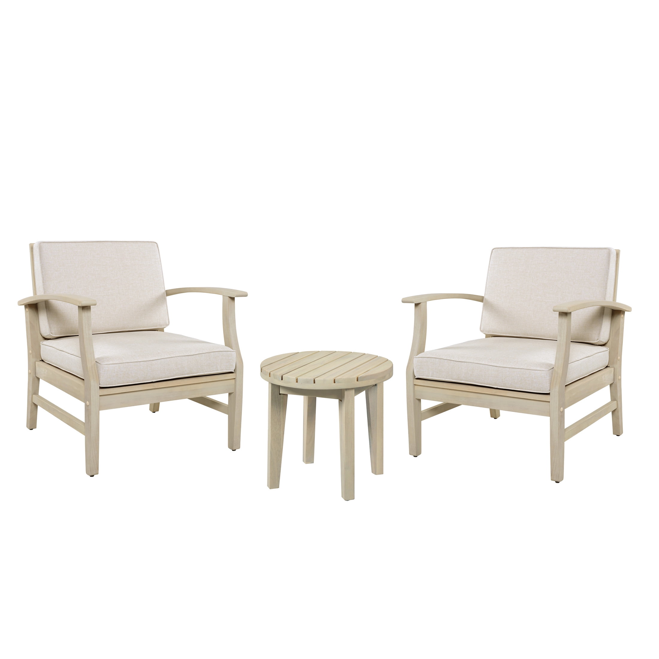 Christopher Knight Home Acacia Wood Outdoor Chat Set, Club Chairs with Cushions and Side Table, Light White