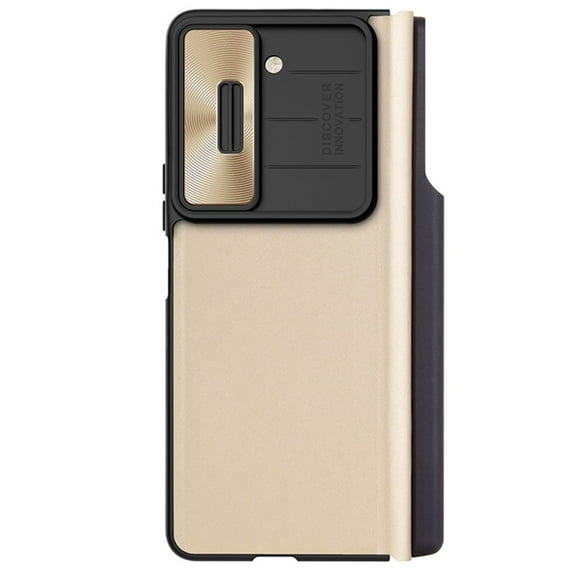 Compatible with Samsung Galaxy Z Fold 5 Leather Case with Slide Camera Cover Shockproof Flip Case-Gold