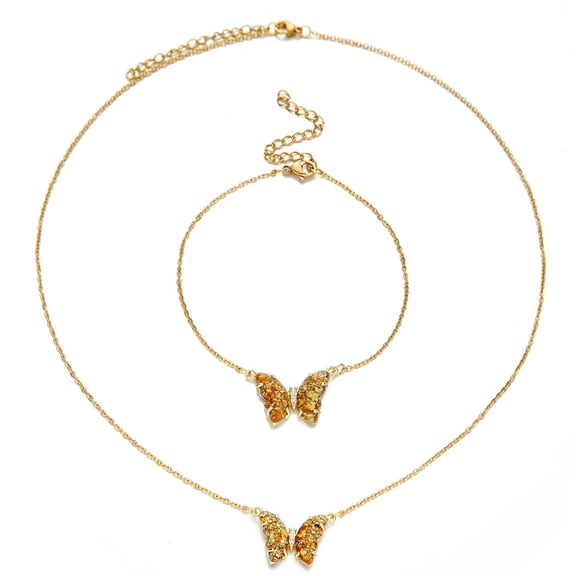 New Fashion Cubic Zirconia Butterfly Charm Bracelet Necklace Set For Women 14K White Gold Bracelets Women's Jewelry
