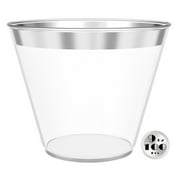 JL Prime 100 Silver Plastic Cups, 9 Oz Heavy Duty Reusable Disposable Silver Rim Clear Plastic Cups, Old Fashioned Tumblers, Hard Plastic Drinking Cups for Party and Wedding
