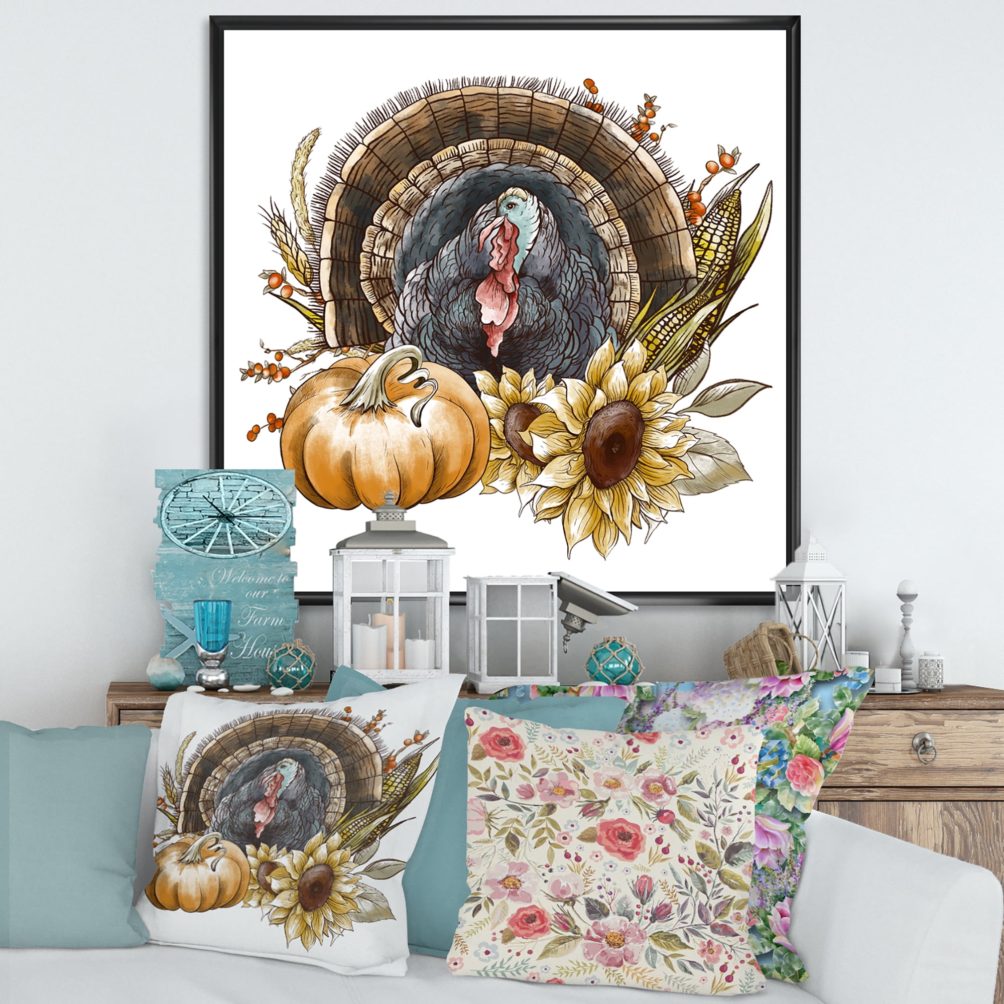 Designart 'Thanksgiving Vintage Turkey Pumpkin and Sunflowers ' Farmhouse Framed Canvas Wall Art Print