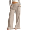 thumbnail image 3 of Women's Cotton Linen Loose Straight Elastic Waist Pants with Pockets, Mid Waisted Ruffle Hem Casual Long Trousers, Lounge Business Casual Outdoor Wear | VerBelle,Khaki M, 3 of 9