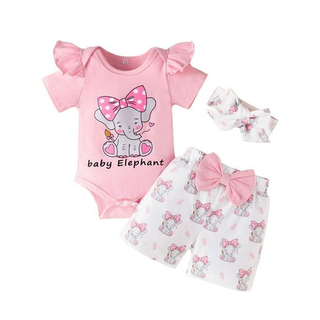 

Dpytoraw Baby Girls Short Sleeve Letter Romper Tops Cartoon Print Bowknot Shorts Pants With Headbands 3PCS Set Size 9-12 Months
