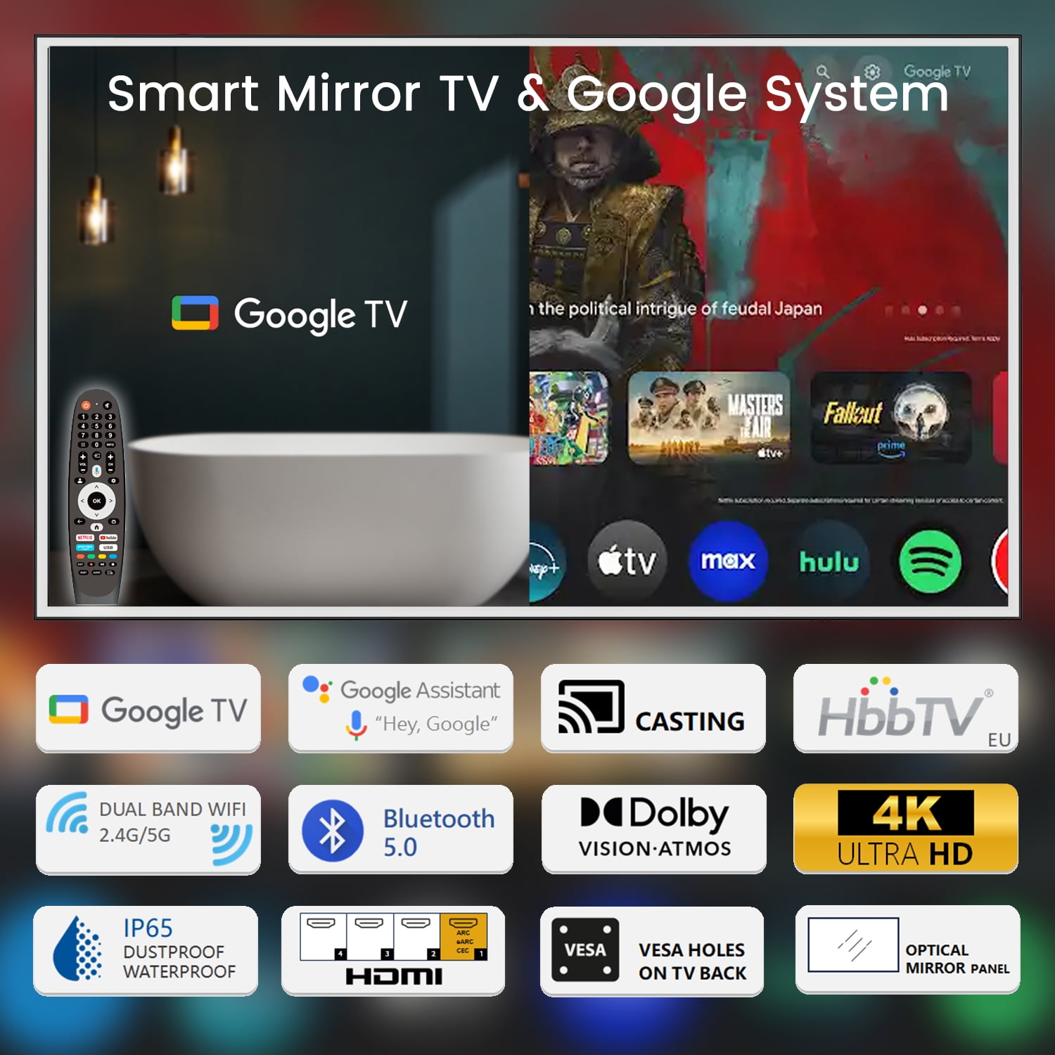 Soulaca 43 inches LED Light Mirror Smart TV 4K Screen Decoration Makeup TV Atsc Goog-le System Voice Control Built-in Atsc Dtv Tuner