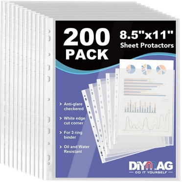 DIYMAG Sheet Protectors, 200 Pack Clear Heavy Duty Plastic Page Protectors Sheet Reinforced 11-Hole Fit for 3 Ring Binder Fits Standard 9.25 x 12 Paper, Polypropylene