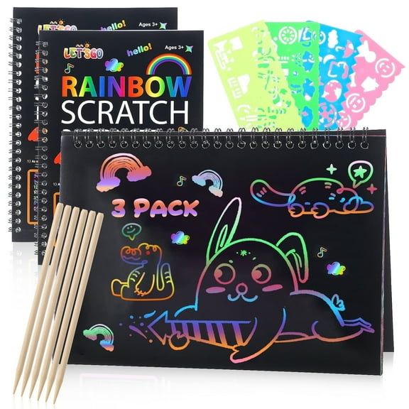 sixwipe 13 Pcs Scratch Paper Art Set for Kids, Rainbow Magic Paper Crafts Kit with Stencils and Wooden Styluses, DIY Art Gifts for Boys and Girls, Ages 3 and Up