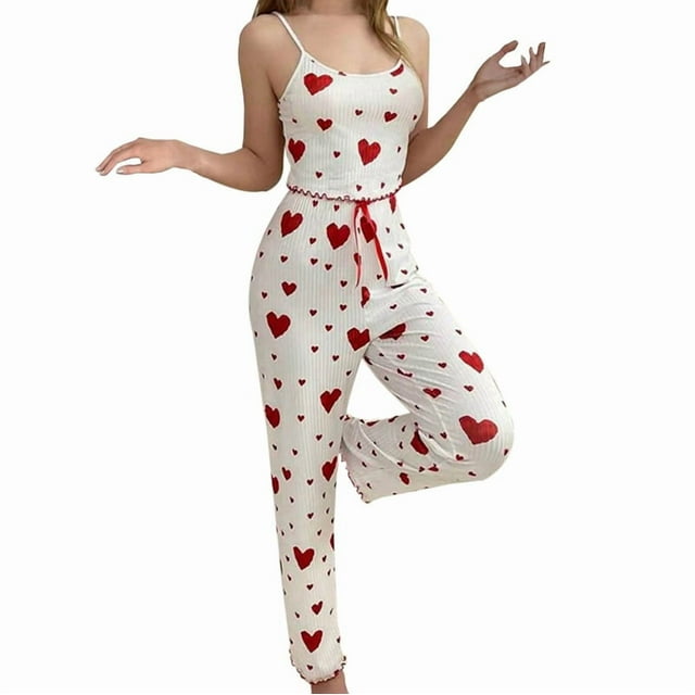 Pijama de Dos Piezas con Top Corto con Estampado de Corazones y Pantalones Anchos para Mujer. Ropa de Dormir para Estar en Casa. Amor Rojo L