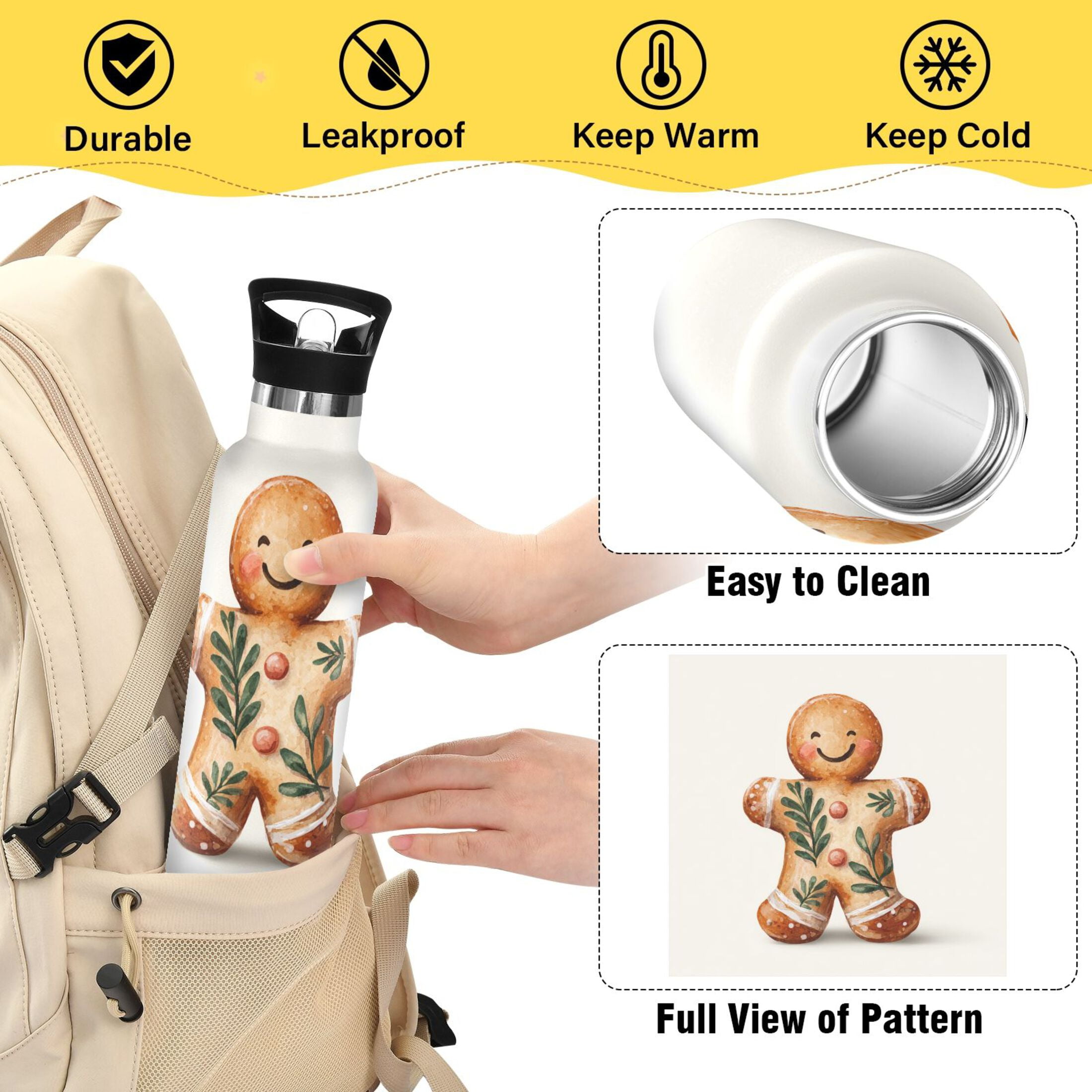 600ML Stainless Steel Insulated Cup Sports Water Bottle Portable Thermos Cup Water Glasses Insulated Tumblers Convenient and Durable Christmas Gingerbread Man Beautiful