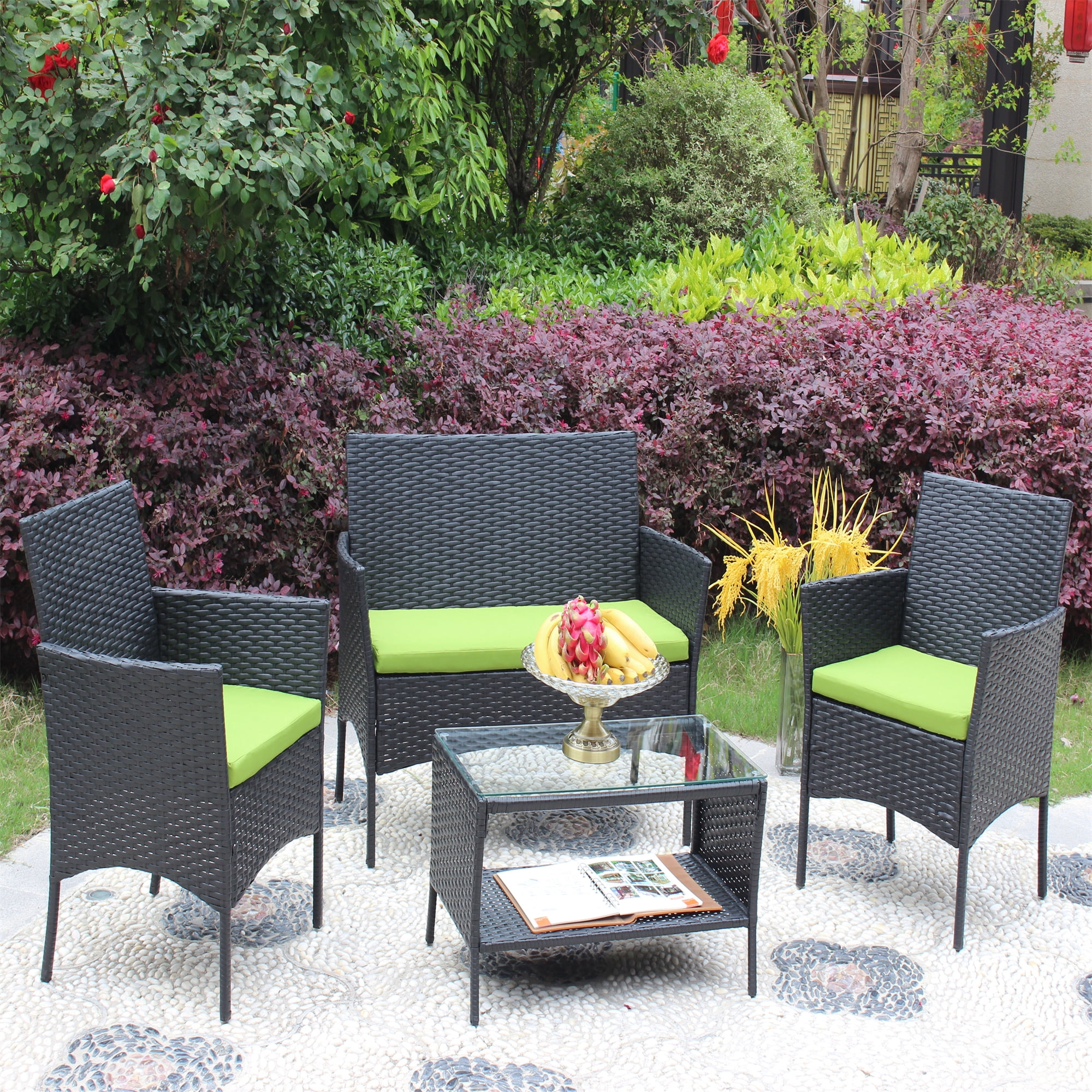 Aukfa 4 Piece Rattan Outdoor Patio Conversation Sofa Set with Table & Cushions, Green