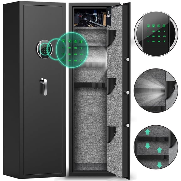 Riflevault 5–8 Gun Safe with Combination Lock, Fireproof & Anti-Theft Steel Rifle Cabinet for Shotguns, Adjustable Shelves, Silent Alarm Mode