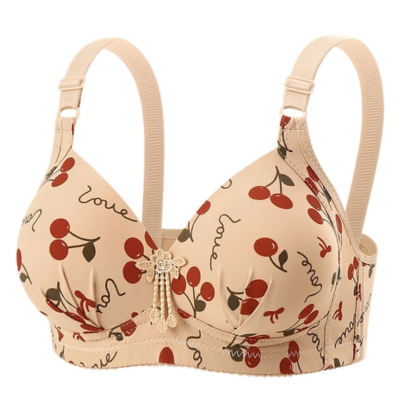 Xdegoge Push Up Bras for Women Cherry Print Wireless Bra Cute Full Coverage Bralette Tassel Accent Lightweight Breathable Casual Everyday Wear with Decorative