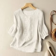 thumbnail image 2 of Women's Fashion Casual Five Cotton Linen V Neck Top Summer Embroidery Loose T Shirt Top, 2 of 2