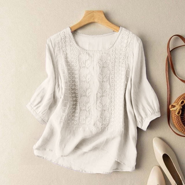 MKLEKYY Camiseta Mujer Camiseta Holgada De Verano Con Bordado De Lino Y Algodón Con Cuello En V Para Mujer Talla XXL