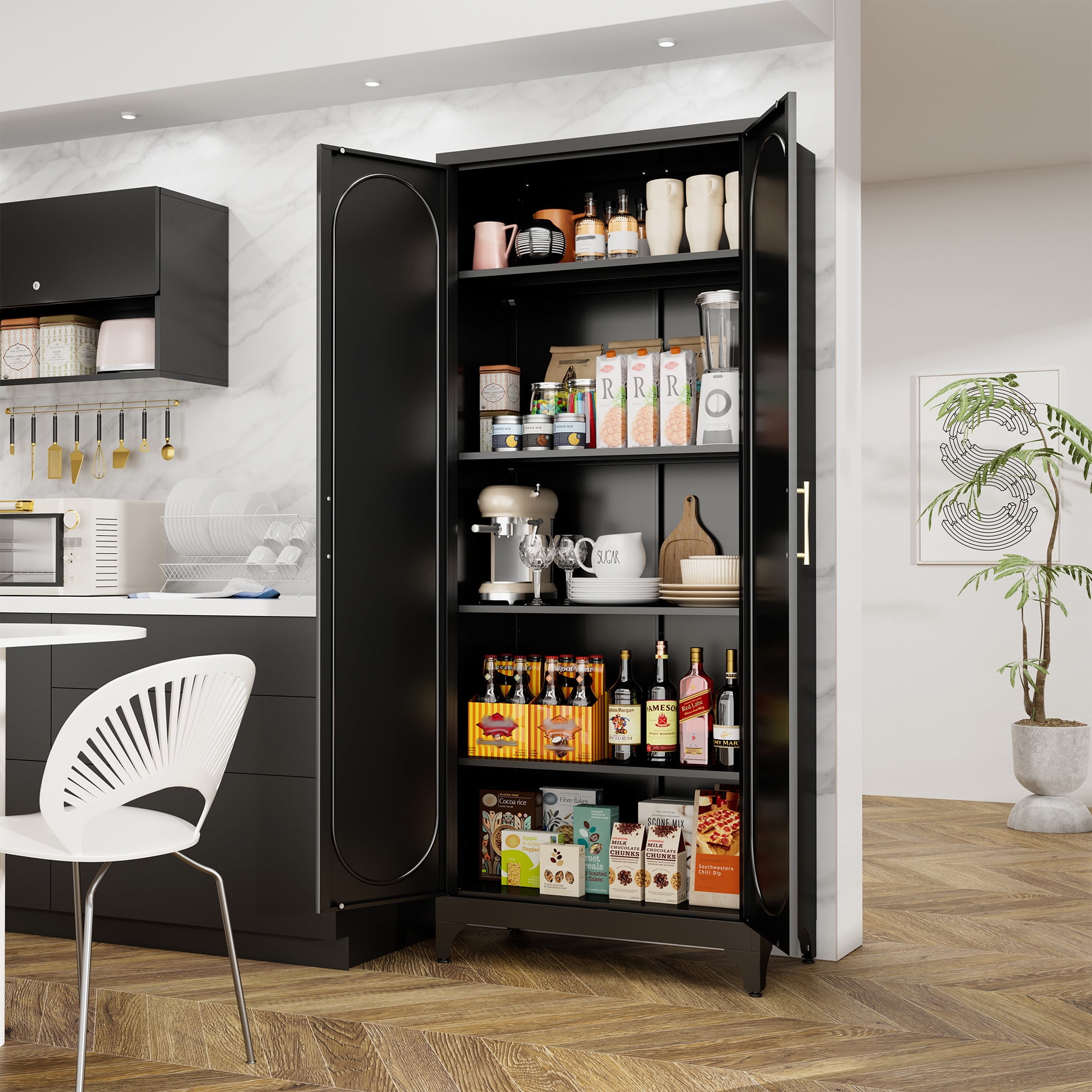 Polup Modern Metal Pantry Cabinet, 75" H, Adjustable Shelves and Doors, Black