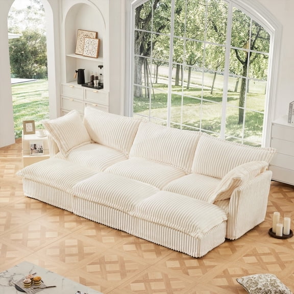 3-Seater Living Room Sofa - Features 3 Ottomans, Oversized Sleeper, Corduroy Cream, Elegant & Natural Design