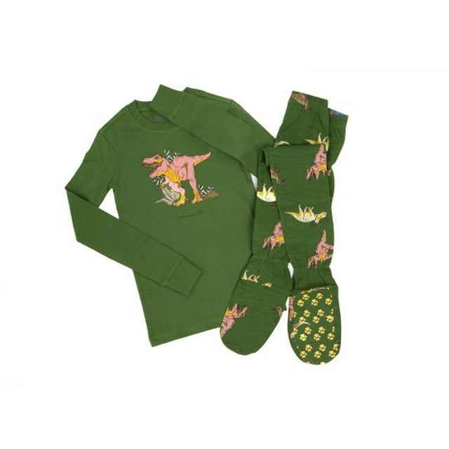 Green 2 Piece Kids Footed Pajamas Jurassic Dinosaurs Footie Pajamas