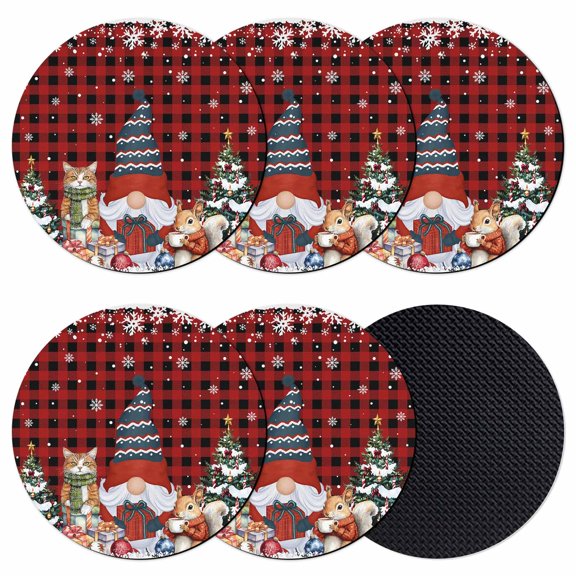 Christmas Gnomes Coasters Set of 6, Absorbent Coasters for Drinks, Winter Cat Pine Trees Red Black Plaid Coaster for Desk Coffee Table Protection, Home Decor House Warming Gifts 4"