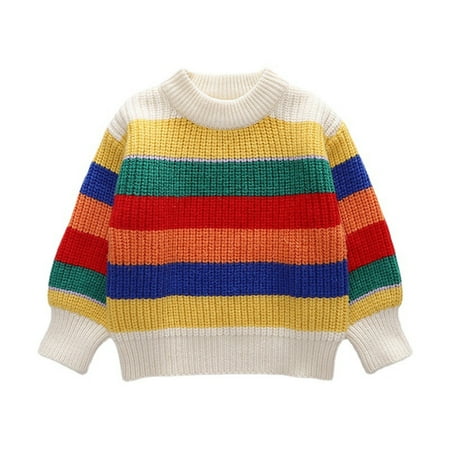 

Christmas Pullover Sweaters for Girls Round Neck Rainbow Stripe Jacquard Knit Kids Sweater Plus Size Warm Warm Fall Loose Knitwear White 4-5 Years