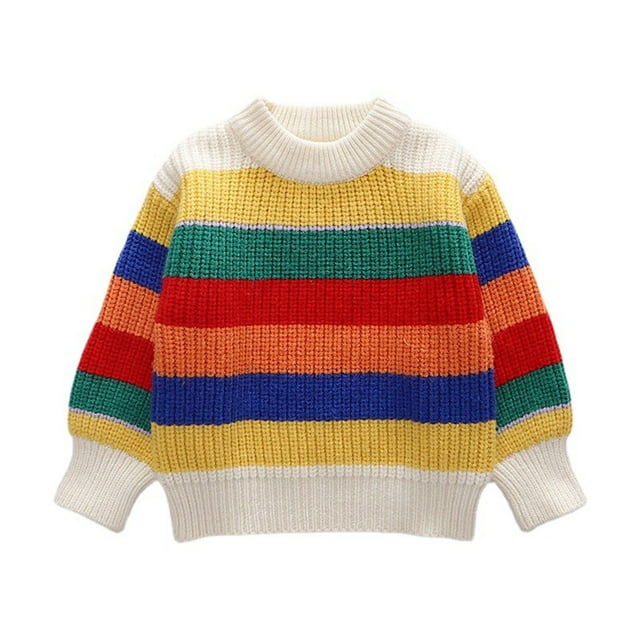 MIASHUI Chandail Col Rond Mignon à Rayures Arc-en-Ciel pour Garçons et Filles Tout-Petits, Blanc, 3-4 Ans