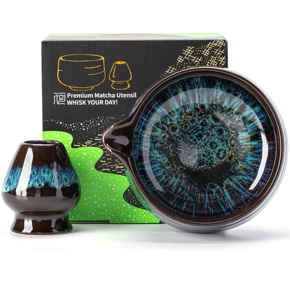 Set de Cuenco para Matcha TEANAGOO de Cerámica 510 ml con Soporte para Batidor Azul