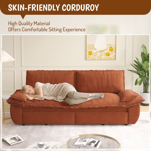 73.2" Queen Pull Out Sofa Bed, 3-in-1 Convertible Sleeper Sofa, Multi-Functional Corduroy Loveseat Couch with Pull-Out Bed, Orange