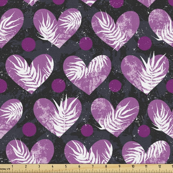 Safari Fabric by the Yard Upholstery, Grunge Style Design of Hearts with Tropic Leaf Details and Polka Dots, Decorative Fabric for DIY and Home Accents, 3 Yards, Dark Indigo Pink White by Ambesonne