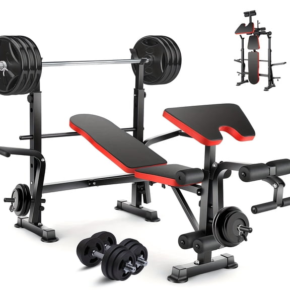 Professional All in One Weight Set with Squat Rack, Adjustable and Foldable Workout Press Set with Leg Developer, Preacher Curl Pad for Home Gym Full Body Workout