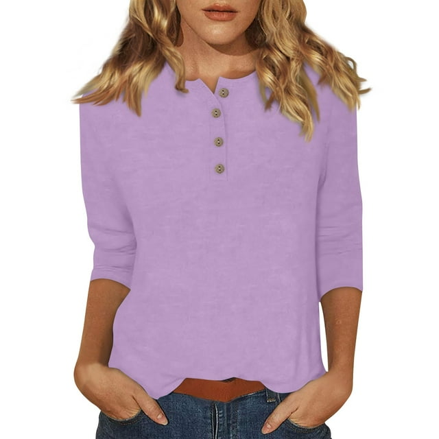 DENGDENG Women Tops 3/4 Sleeve Casual Button Down Basic Tees Elbow Sleeve Summer Round Neck Tunics Clearance Three Quarter Length Blouses Solid Color Spring Clothes Light Purple XXL