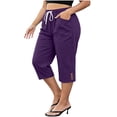 thumbnail image 3 of Capri Pants for Women Zaewscy Women's Fashionable Solid Color Capris Drawstring With Pockets Shorts Purple L, 3 of 6