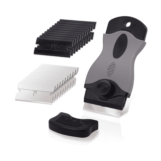 1 raspador de placa de cerámica de vidrio con 10 escurridores de plástico + 10 cuchillas de metal, raspador de placa de vidrio de cerámica para quitar etiquetas, gris
