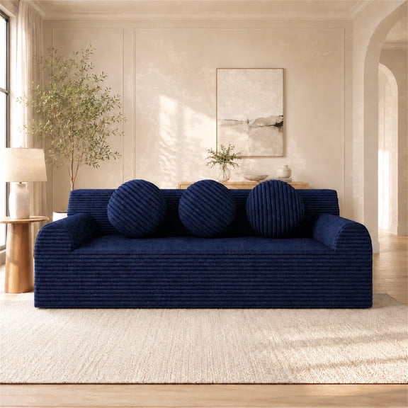 SESSLIFE 3 Seater Cloud Couch, Extra Deep Seat Corduroy Sofa with 3 Pillows and Side Pockets, Low Profile No Assembly Floor Couch for Living Room, 1200lbs, Blue