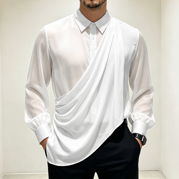 INCERUN Men Irregular Shirt Solid Color Lapel Long Sleeve Men Clothes Streetwear Elegant See-through Tops For Man