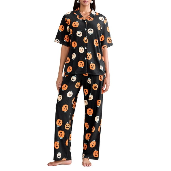 Hirigin Women 2 Piece Halloween Pajama Set Pumpkin Print Short Sleeve Button Down Shirt with Wide Leg Pants Sleepwear Loungewear