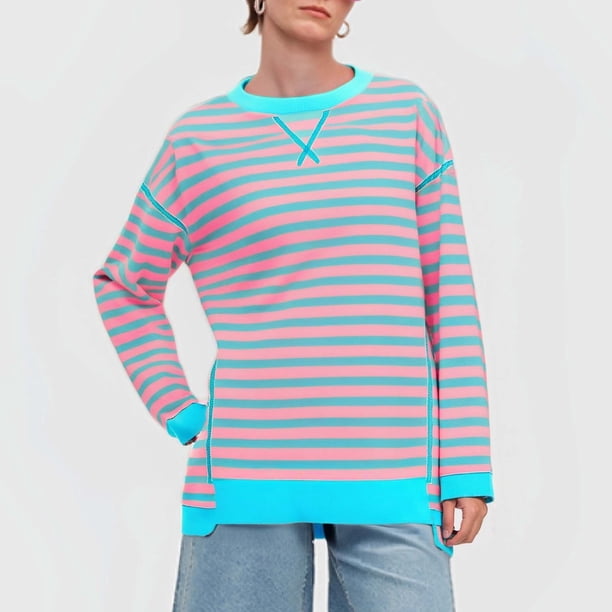 MHFRRA Camiseta Informal de Otoño/Invierno con Estampado de Rayas, Cuello Redondo, Manga Larga, Bloque de Color Azul Cielo