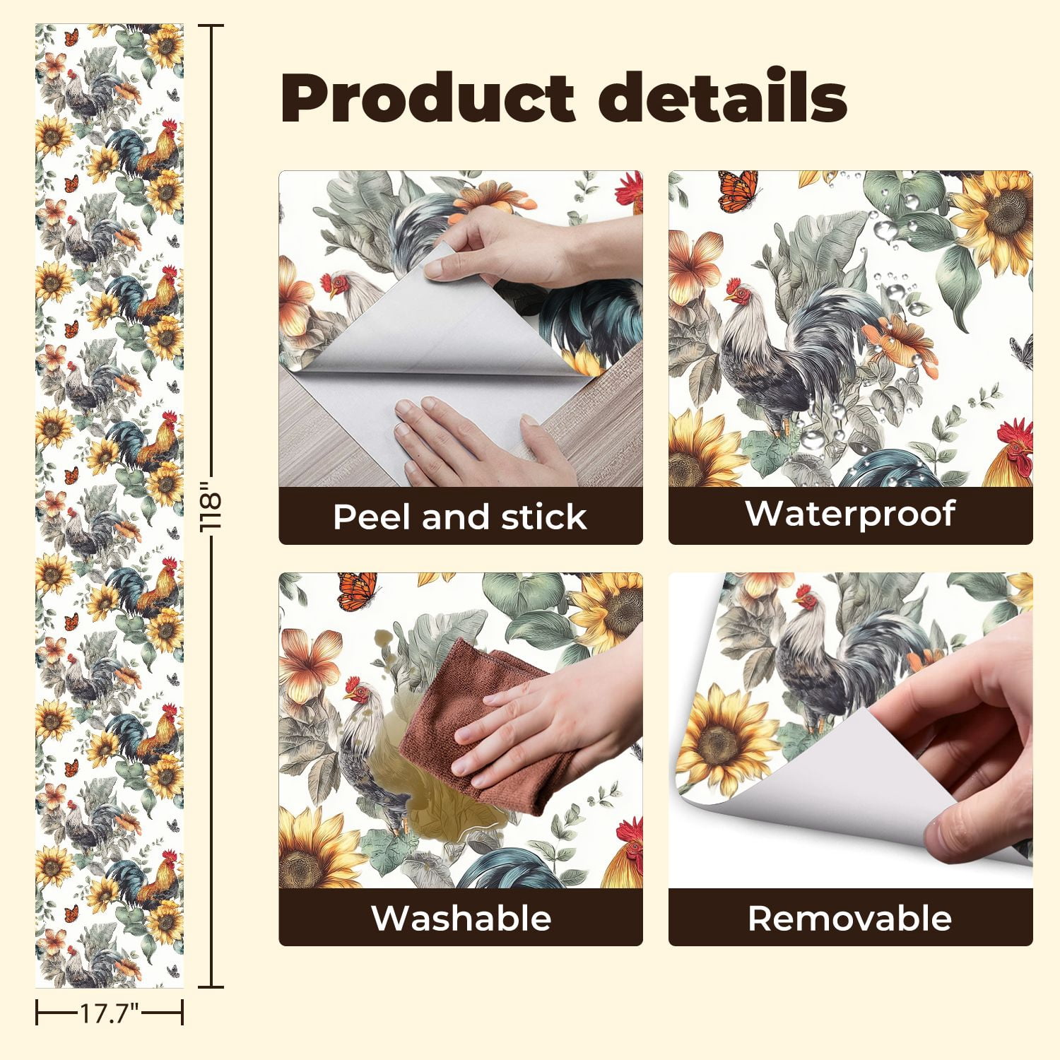 Peel and Stick Wallpaper 17.7in x 9.8ft Farmhouse Rooster Sunflower Floral Contact Paper Vinyl Self-Adhesive Removable Wall Paper for Bedroom DIY Home Decor Renter Friendly