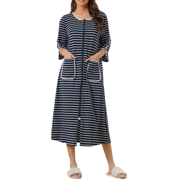 Ropa de baño larga con cremallera delantera a rayas para mujer Inspire Chic, con mangas 3/4, vestido de casa, pijama, color azul marino