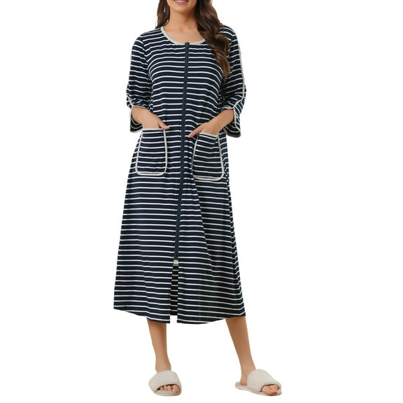 INSPIRE CHIC Women's Zip Front Striped Robe 3/4 Sleeve Long Bathrobe House Dress Pajama L Navy