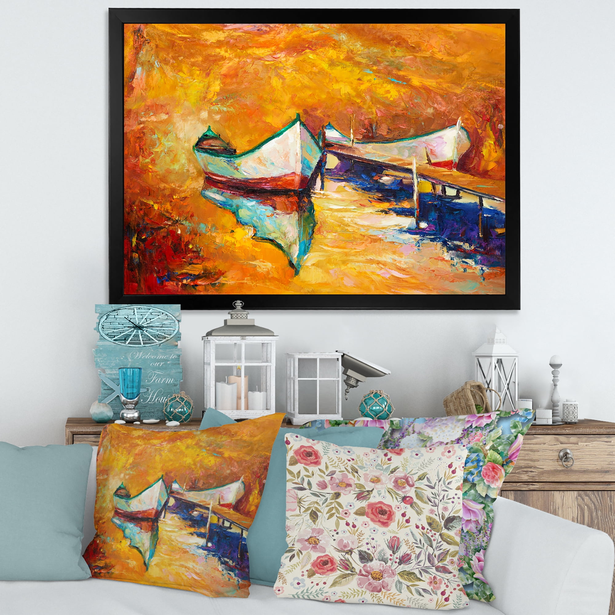 Little Boat During Warm and Orange Evening 32 in x 24 in Framed Painting Canvas Art Print, by Designart