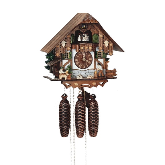 Cuckoo Clock Black Forest house with moving wood chopper, beer drinker and mill wheel