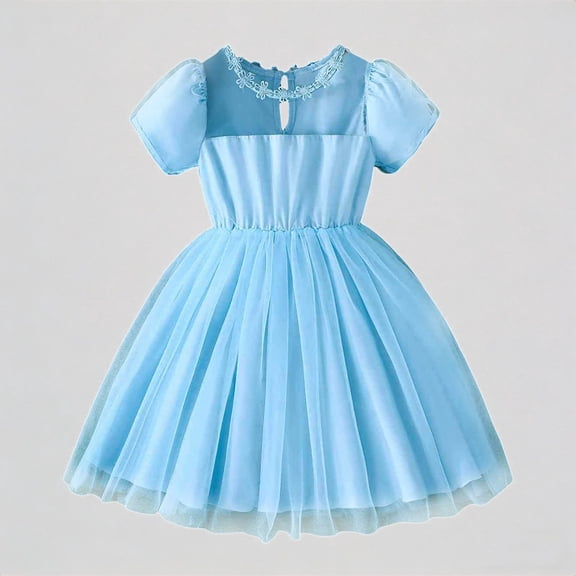 REDARER Girls' Tulle Party Dress with Lace Trim & Puff Sleeves, Stylish Casual Everyday Kids Outfit,4-5Y