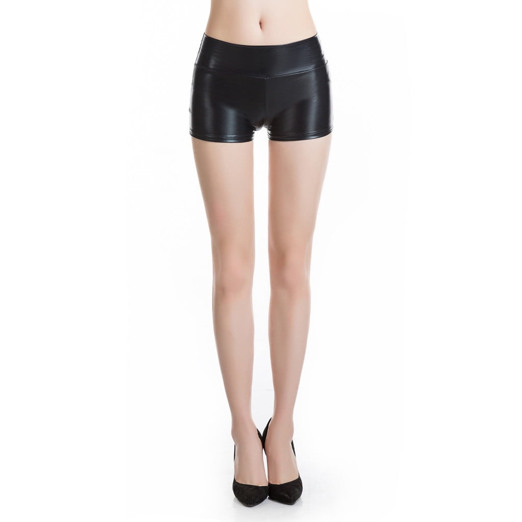Womens Casual Faux Leather Lingerie Shorts High Waist Stretch Slim Hips  Panties PU Exotic Skinny Coated Shorts Couple Black